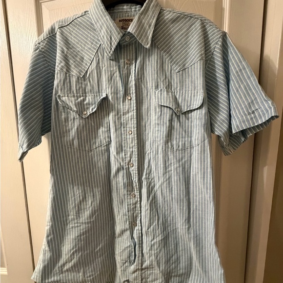 Ruddock Shirt Light Blue Striped Pearl Snap Short Sleeve Shirt - Picture 1 of 4